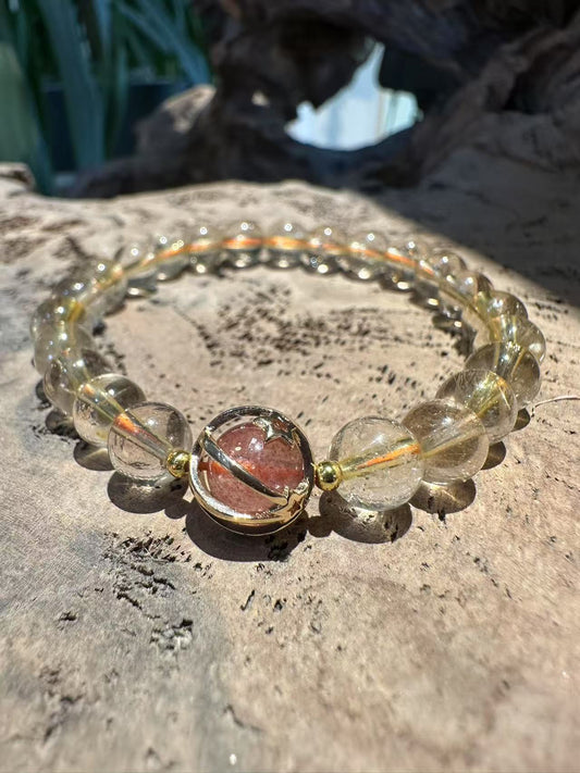 Natural Rutilated Quartz Bracelet with Red Hematite Inclusion Sphere