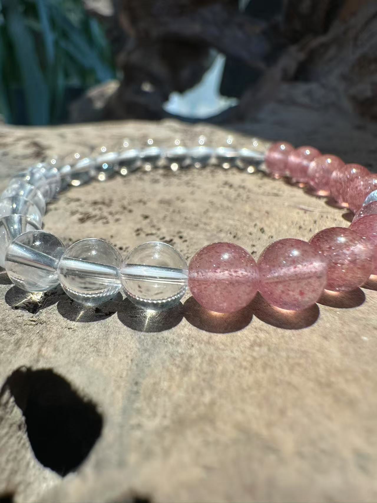Natural Crystal Trio Bracelet: Clear Quartz, Strawberry Quartz & Aquamarine