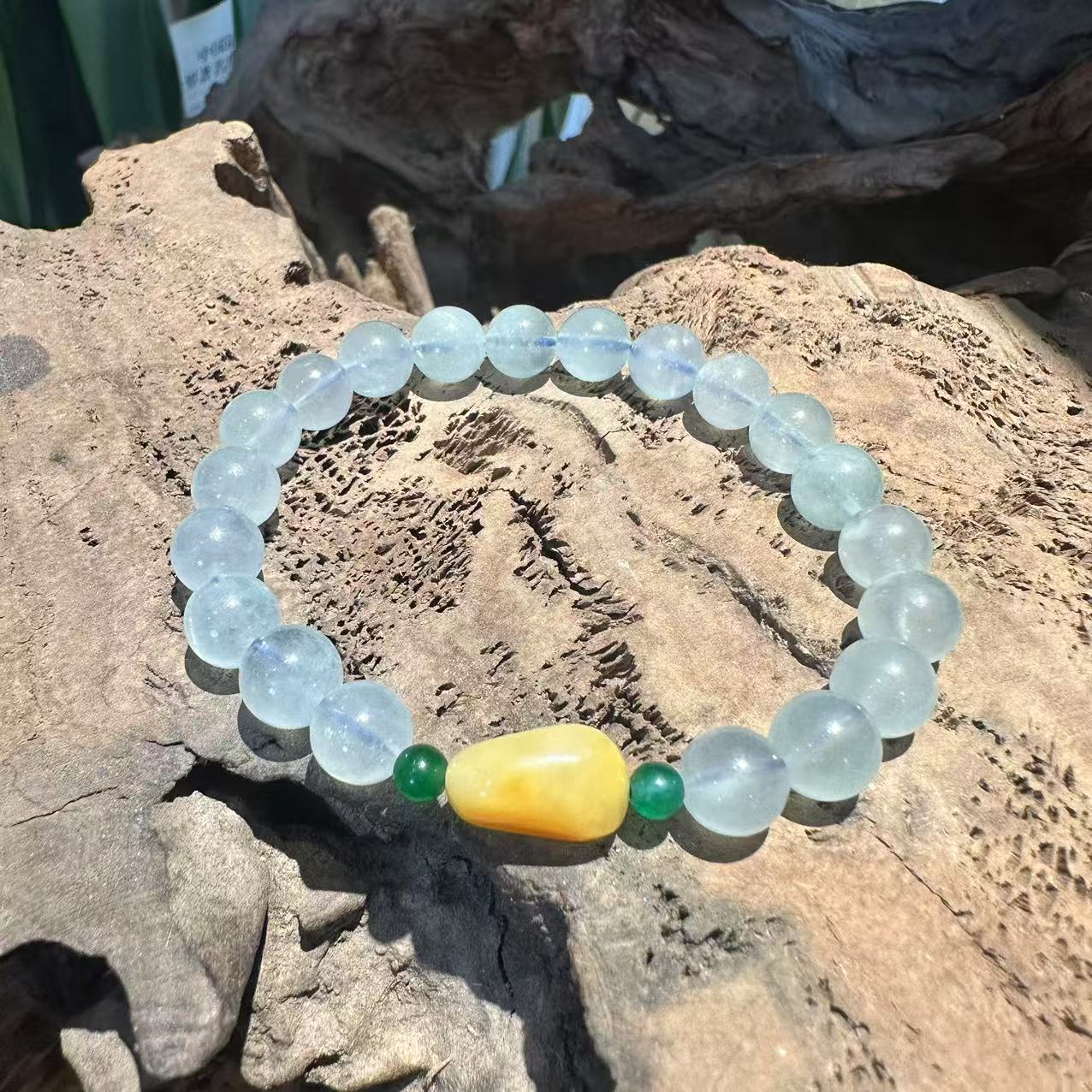 Natural Aquamarine, Yellow Jade & Green Jadeite Bracelet