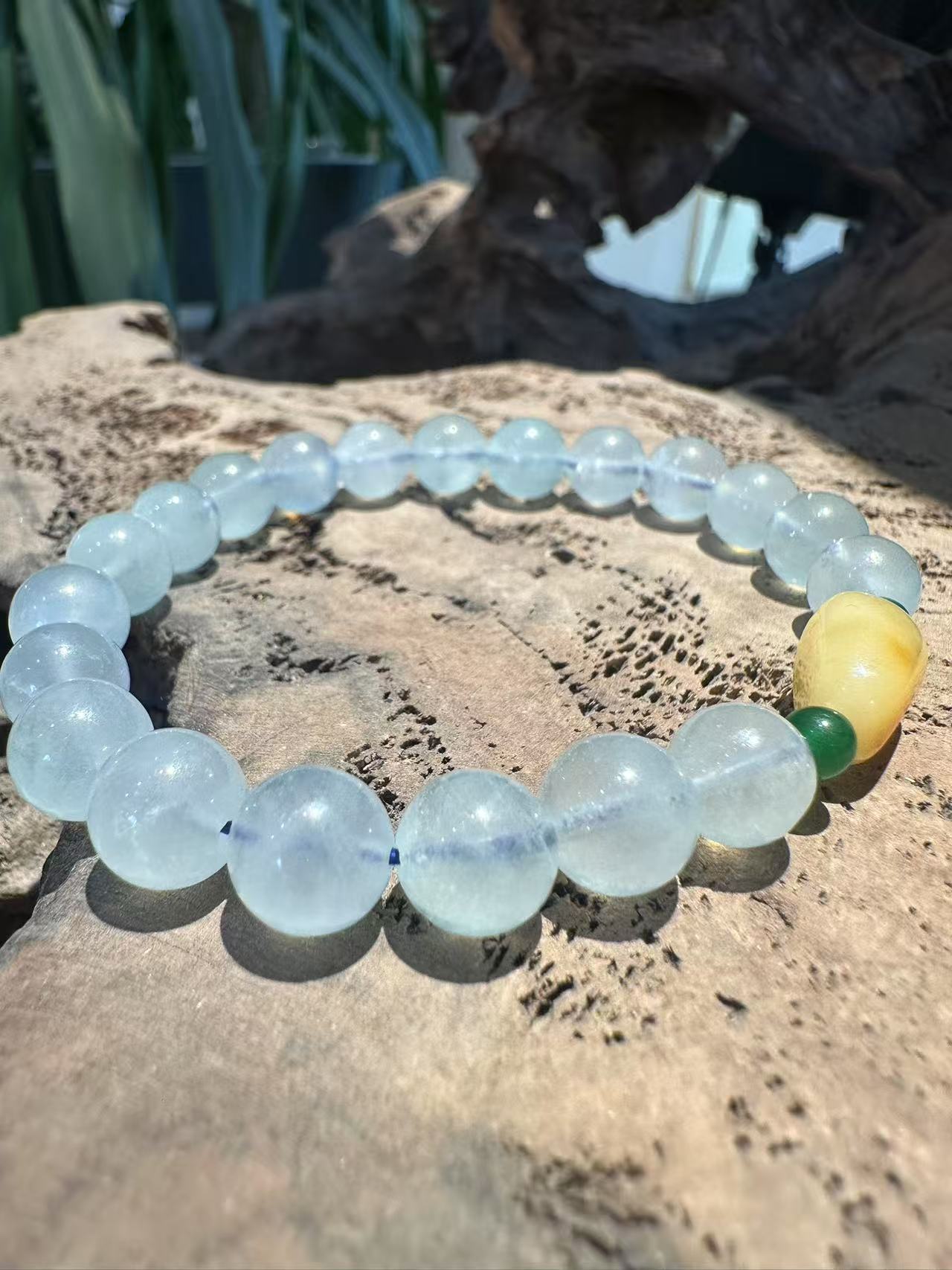 Natural Aquamarine, Yellow Jade & Green Jadeite Bracelet
