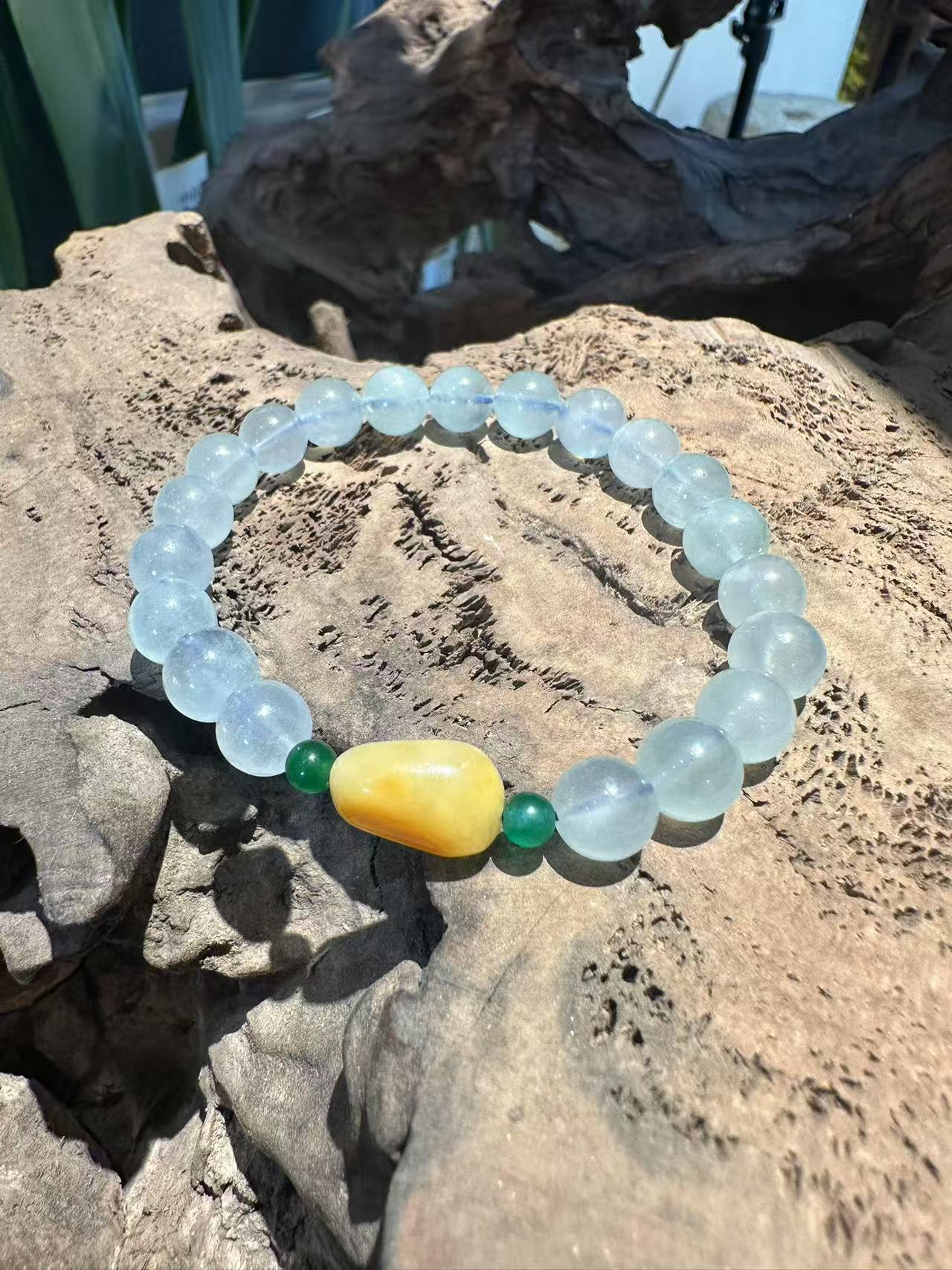 Natural Aquamarine, Yellow Jade & Green Jadeite Bracelet