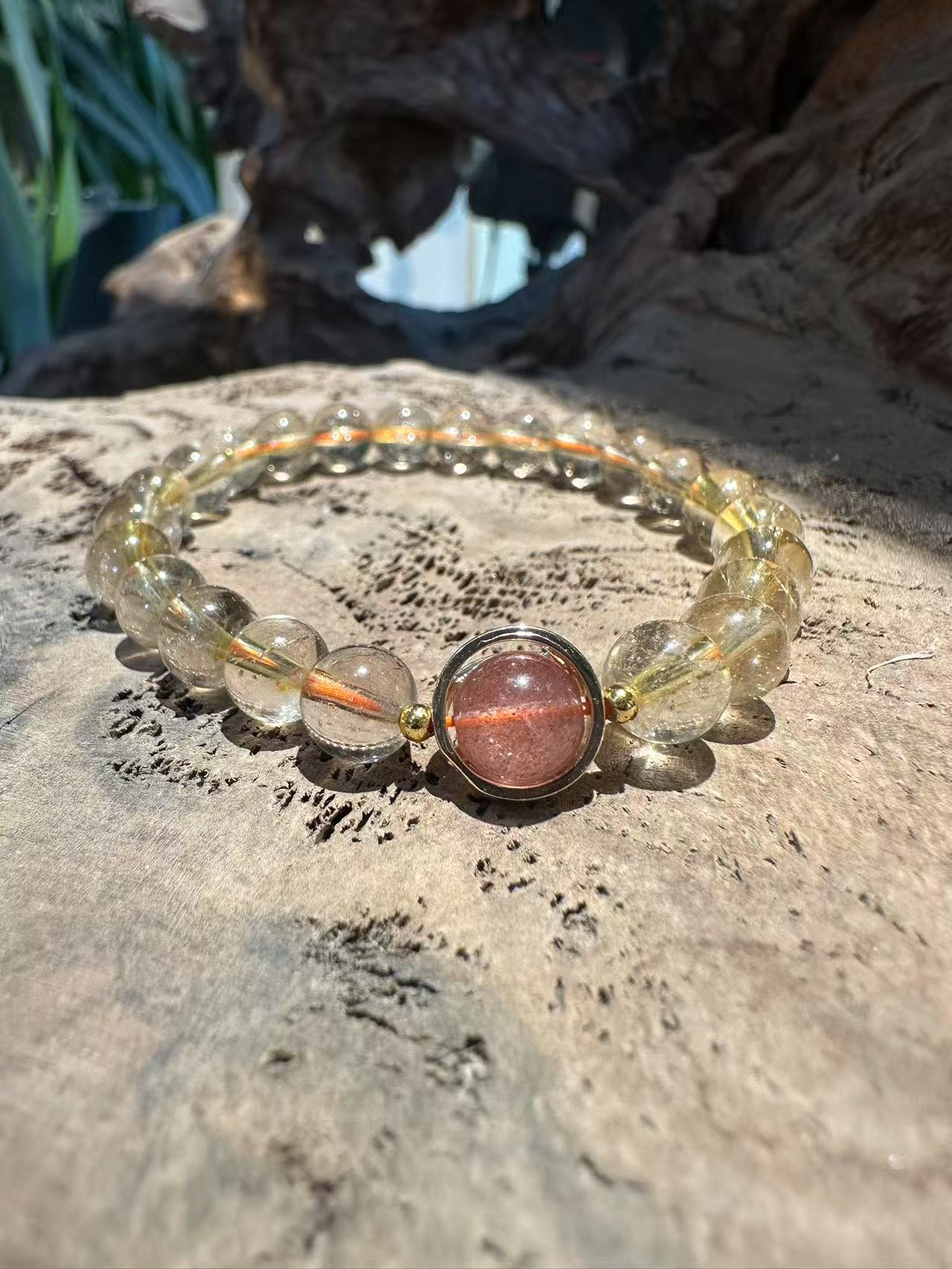 Natural Rutilated Quartz Bracelet with Red Hematite Inclusion Sphere